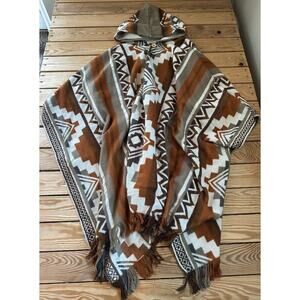 Vintage Brown Aztec Woven Hooded Poncho One Size